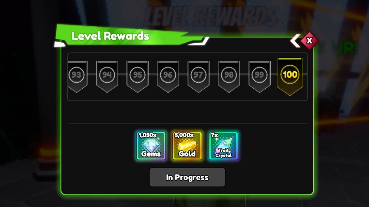 Thông tin cấp độ tối đa (level 100) và phần thưởng tương ứng trong Anime Reborn