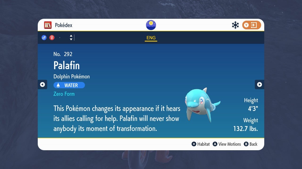 Thông tin Pokédex mặt sau của Palafin Dạng Zero trong Pokémon Scarlet Violet