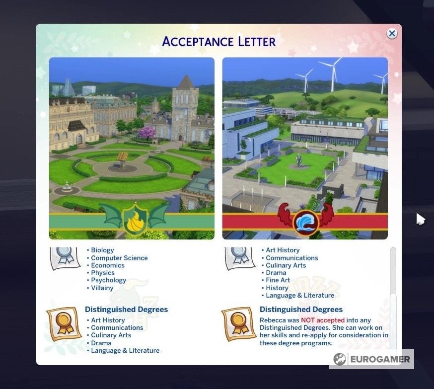 Thư từ chối nhập học chương trình Bằng Xuất sắc trong Sims 4