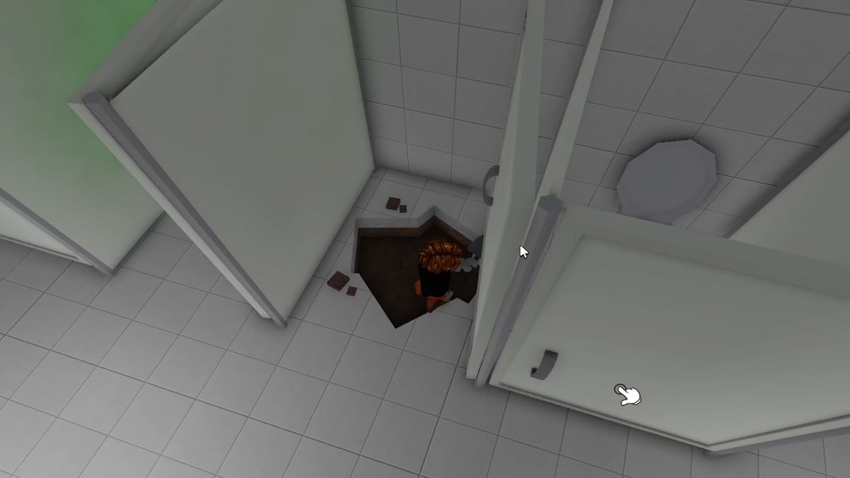 Tìm xẻng và đào đường xuống khu vực ngầm trong nhà vệ sinh Barry's Prison Run