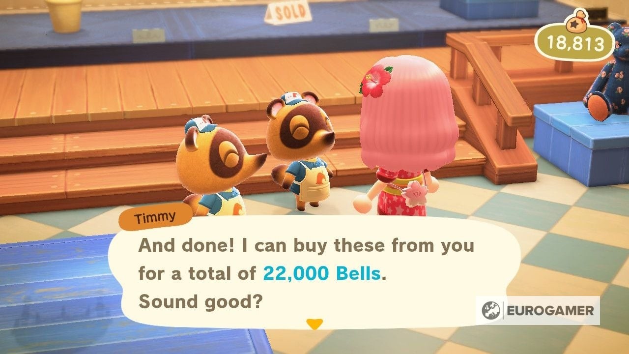 Timmy hoặc Tommy tại Nook's Cranny đang mua hóa thạch từ người chơi Animal Crossing