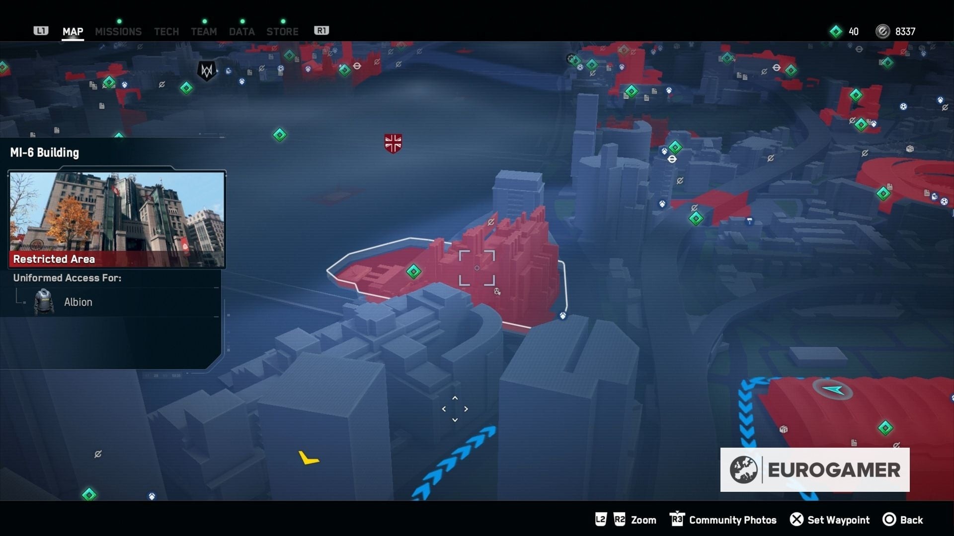 Tòa nhà M-16 trong Watch Dogs Legion, một địa điểm tiềm năng để tìm Điệp Viên