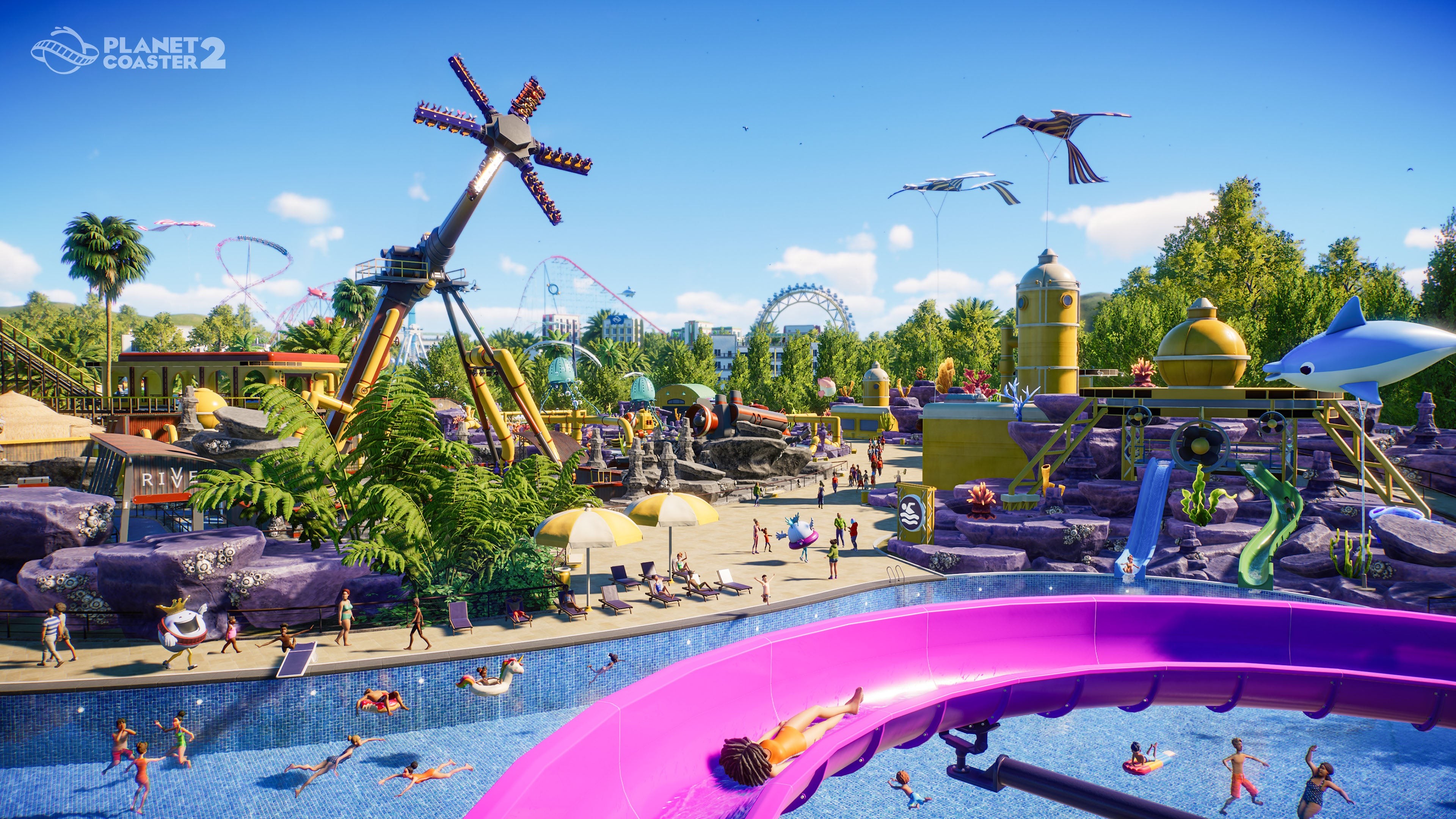 Toàn cảnh công viên nước đầy màu sắc và chi tiết trong Planet Coaster 2