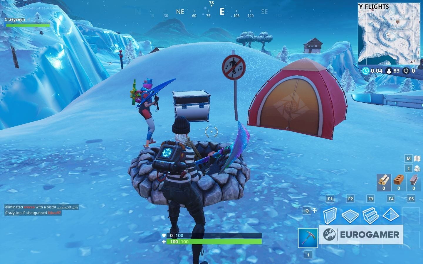 Toàn cảnh khu vực có biển báo cấm nhảy gần Frosty Flights trong Fortnite