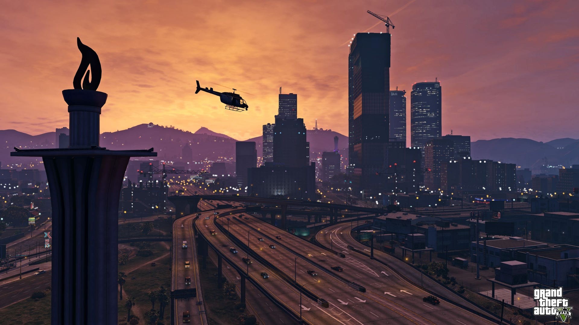 Toàn cảnh thành phố San Andreas trong GTA 5 với trực thăng