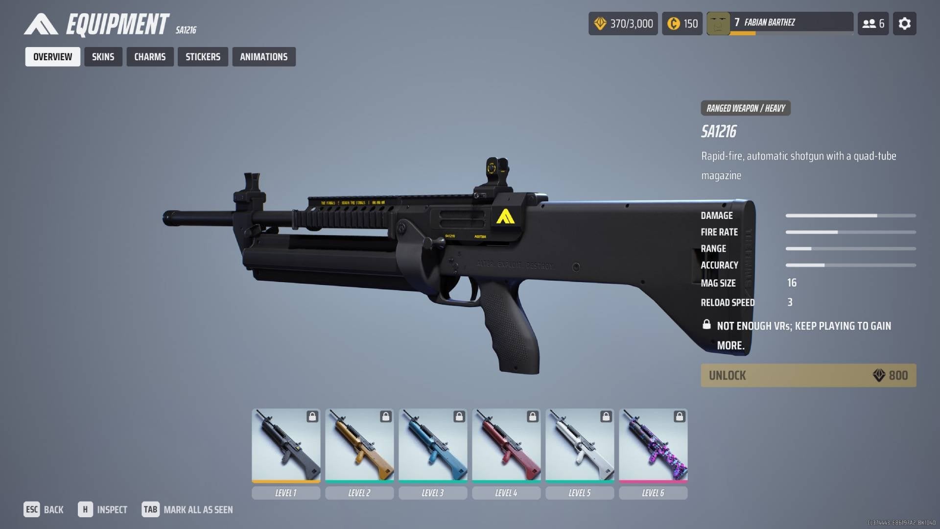 Tổng quan shotgun tự động SA1216 trong menu The Finals - vũ khí hạng S cho class Heavy