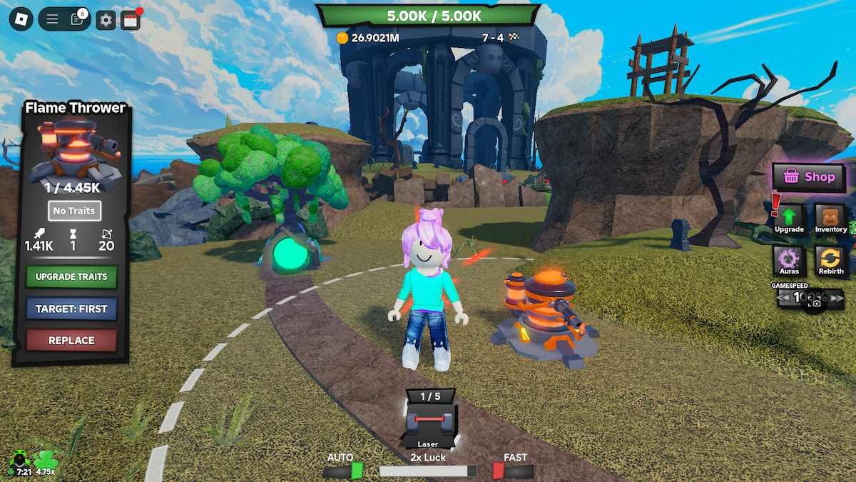 Tower Flame Thrower trong Tower Defense RNG đang tấn công kẻ địch