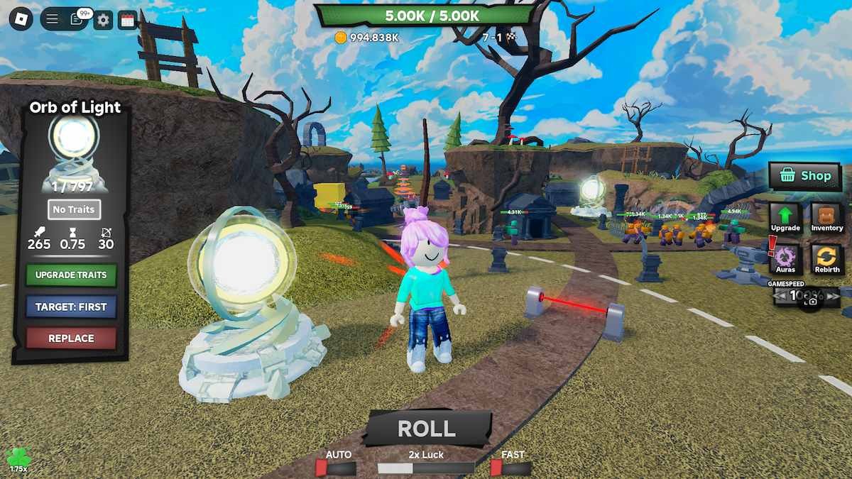 Tower Orb of Light trong Tower Defense RNG với hiệu ứng ánh sáng đặc trưng