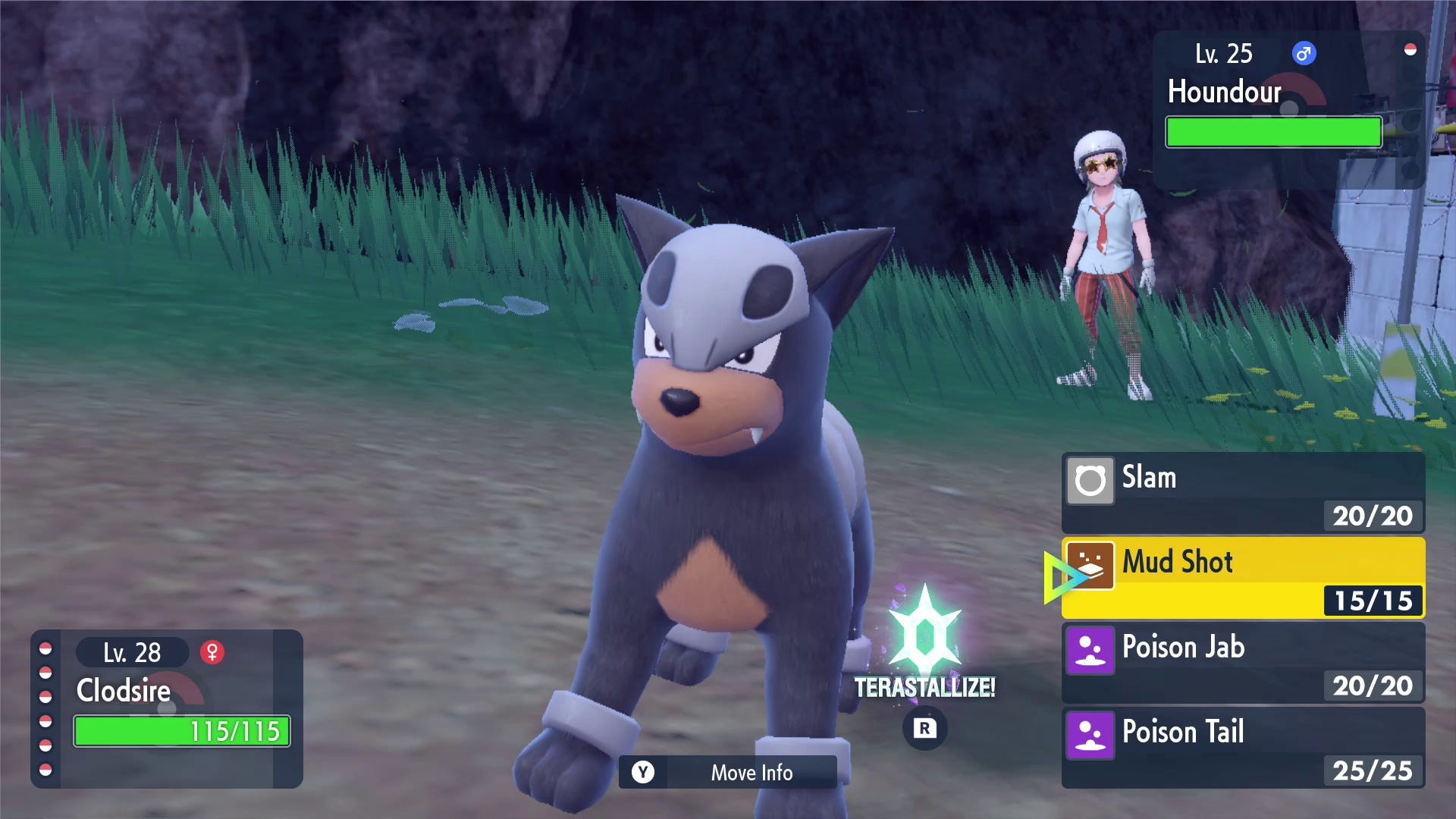 Trận chiến với Grunt và Pokémon Houndour Lv 25 bên ngoài căn cứ Đội Lửa