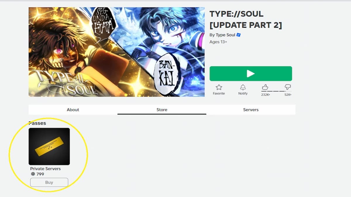 Trang cửa hàng game Type Soul trên Roblox hiển thị tùy chọn mua Private Server Pass