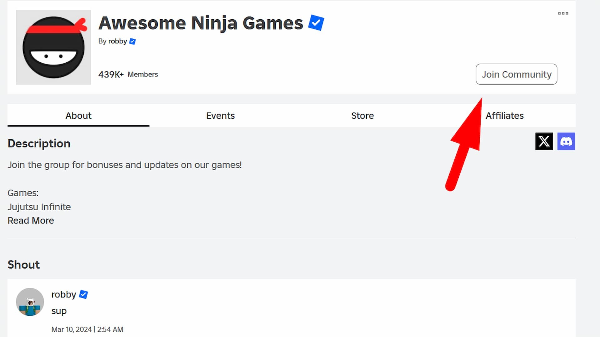 Trang nhóm Roblox Awesome Ninja Games cho JJKINF