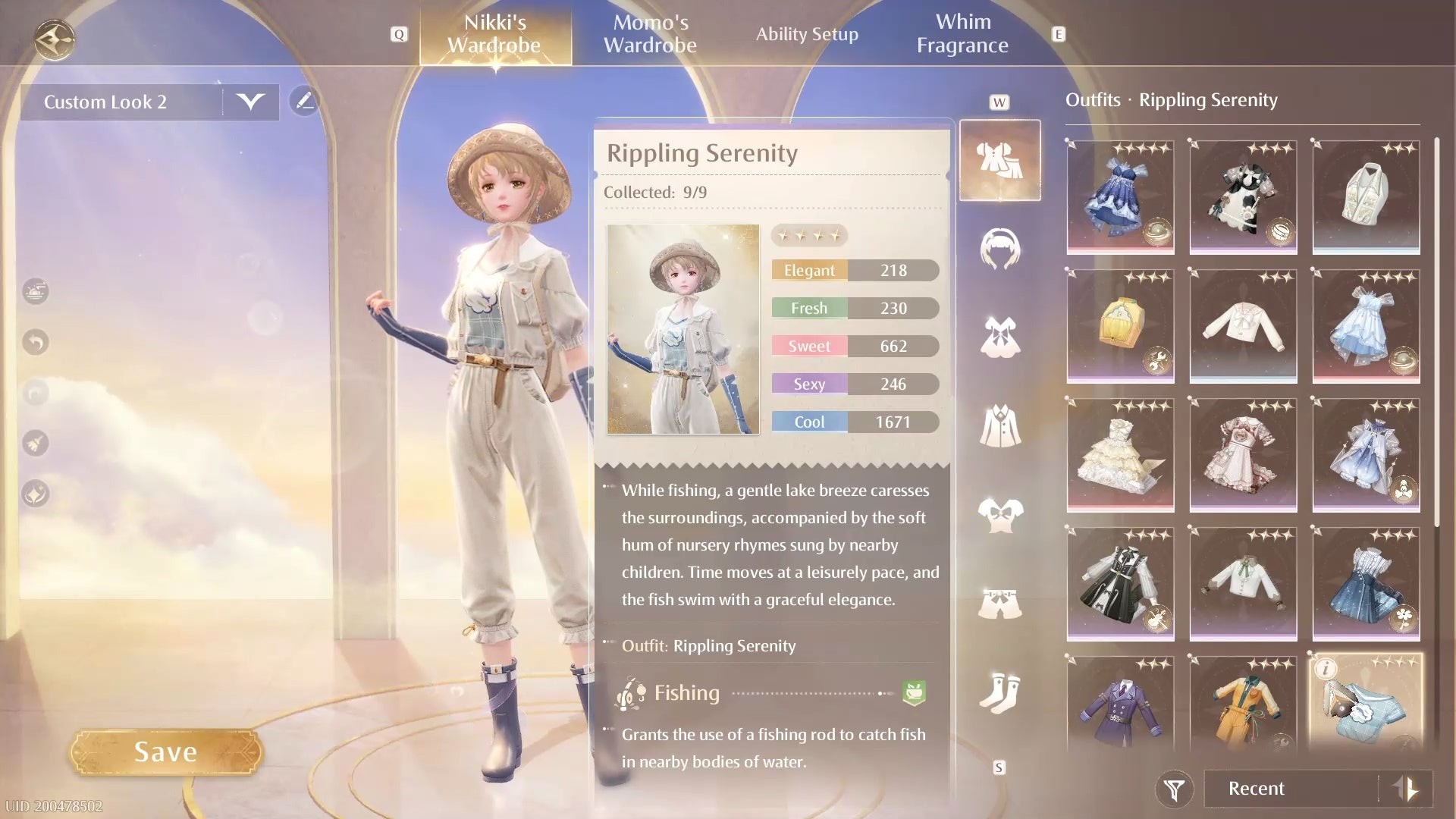 Trang phục câu cá Rippling Serenity được chọn trong menu tủ đồ của Infinity Nikki