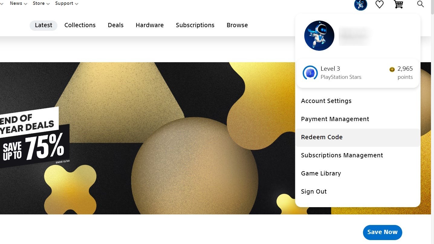 Trang web chính của PlayStation với tùy chọn đổi mã