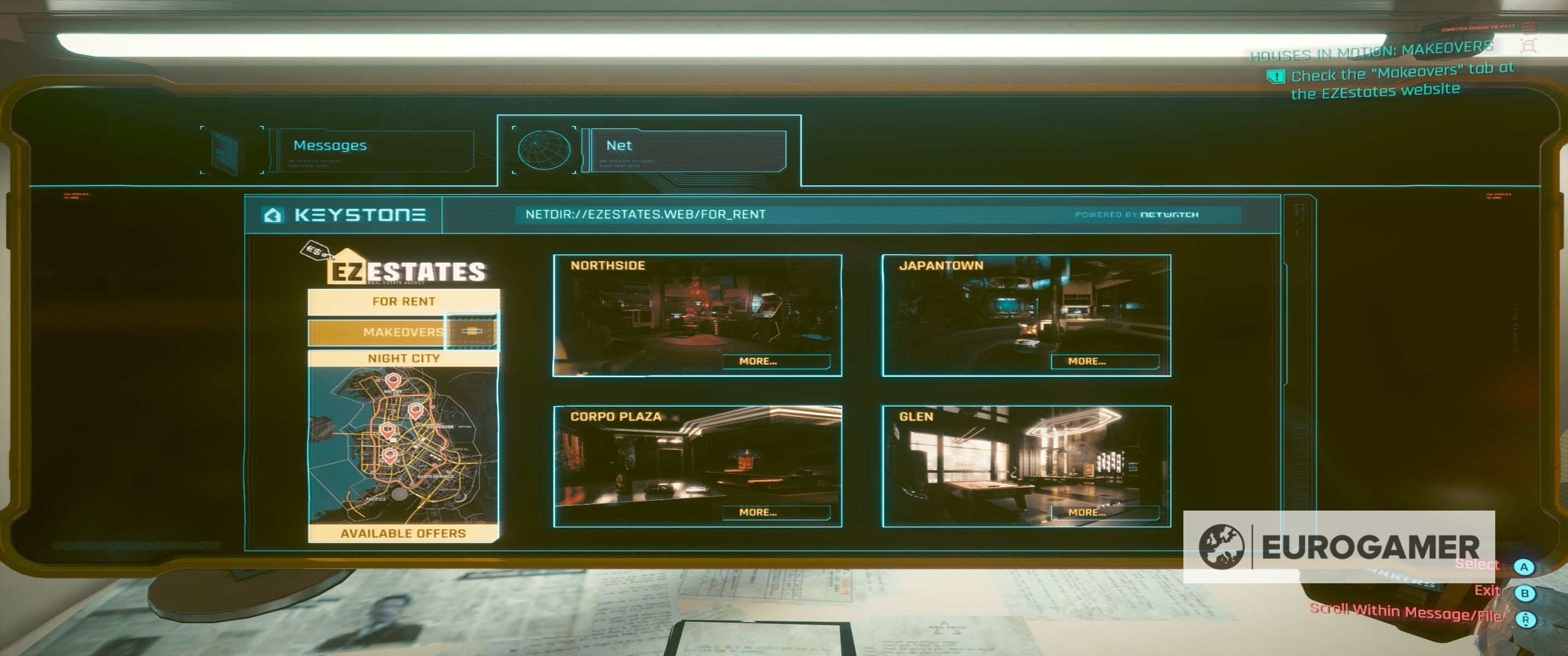 Trang web EZEstates trong Cyberpunk 2077 hiển thị các tùy chọn nâng cấp căn hộ và mua căn hộ mới