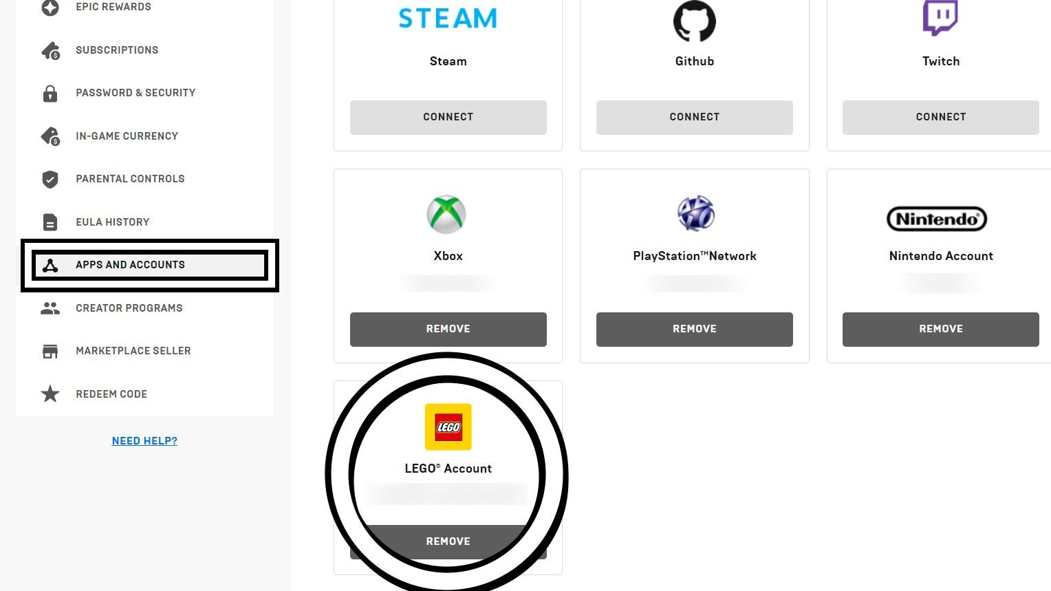 Trang web tài khoản Epic Games nền trắng hiển thị menu tài khoản, tab ứng dụng và tài khoản đang mở với biểu tượng Lego được khoanh tròn màu trắng