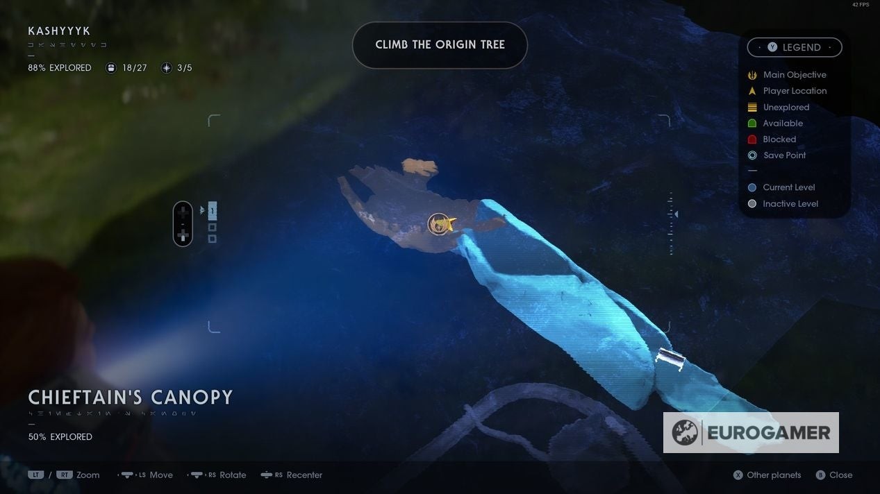 Trung tâm Chieftain's Canopy nơi BD-1 tự động quét và mở khóa Encrypted Log