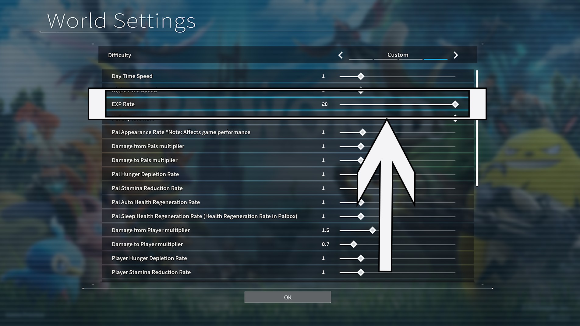 Tùy chỉnh EXP Rate trong World Settings của Palworld để tăng tốc độ lên cấp