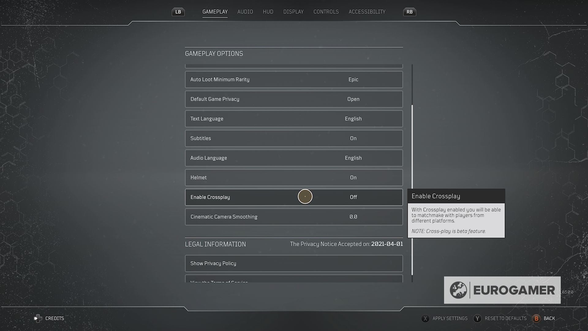 Tùy chọn bật tắt crossplay trong menu Gameplay của Outriders