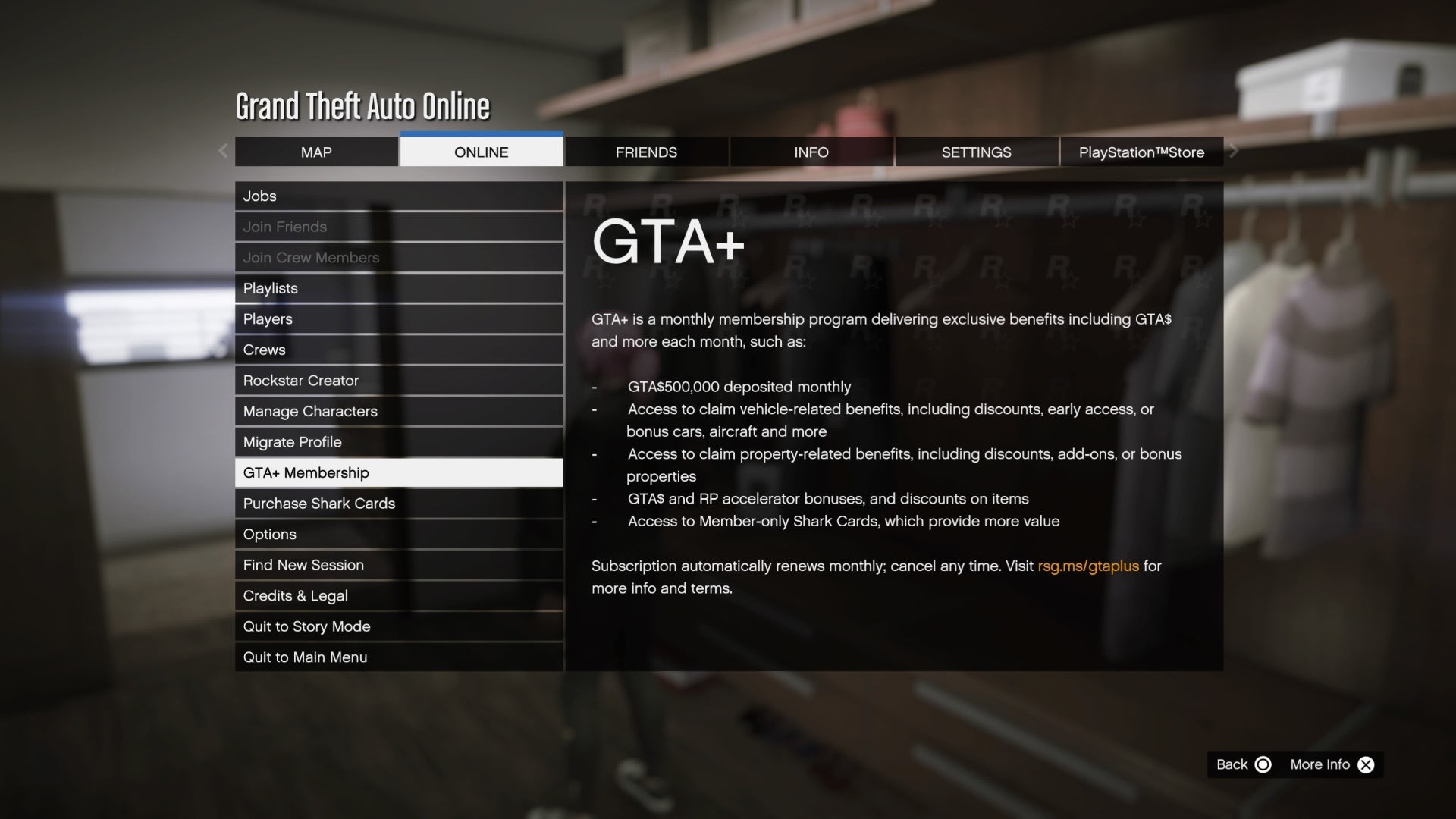 Tùy chọn GTA+ Membership được làm nổi bật trong menu Online