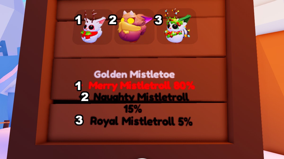Tỷ lệ nhận Mistletroll hiếm khi dùng Golden Mistletoe trong Adopt Me!.