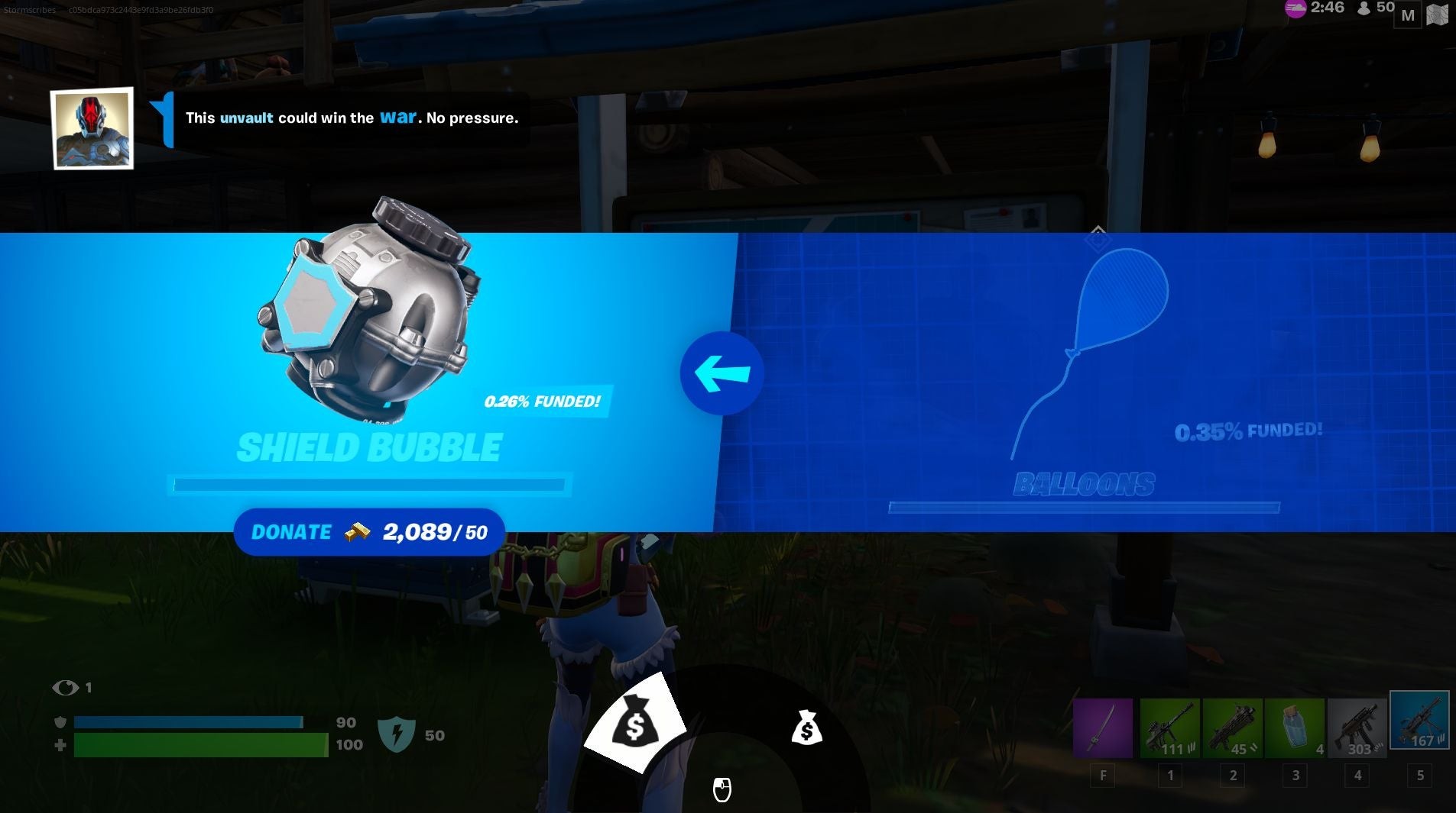 Ví dụ màn hình bỏ phiếu tại Trạm Gây Quỹ Fortnite giữa Shield Bubbles và Balloons