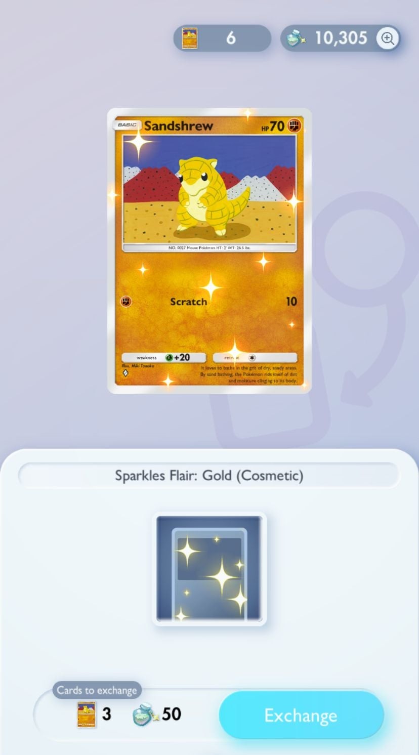 Ví dụ thẻ bài Gold Star rarity với Flair Battle được mở khóa sẵn trong Pokémon TCG Pocket