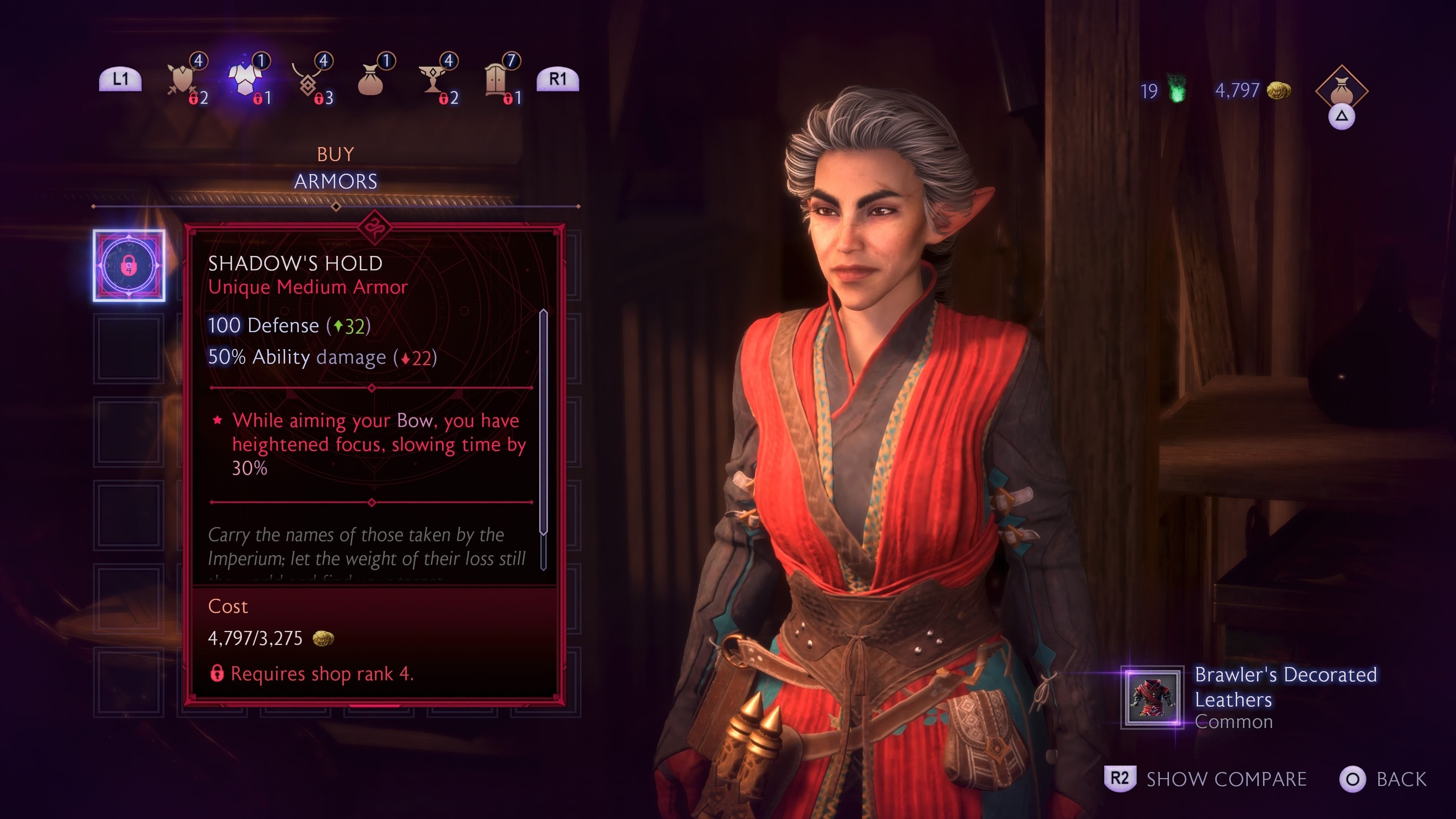 Ví dụ vật phẩm Unique mua từ thương nhân trong Dragon Age The Veilguard