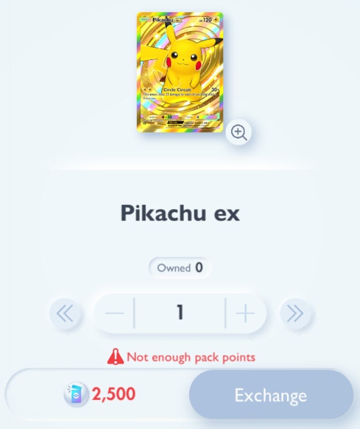 Ví dụ về chi phí Pack Points cao ngất ngưởng để đổi lấy thẻ bài Pokémon độ hiếm Hyper Rare trong TCG Pocket.