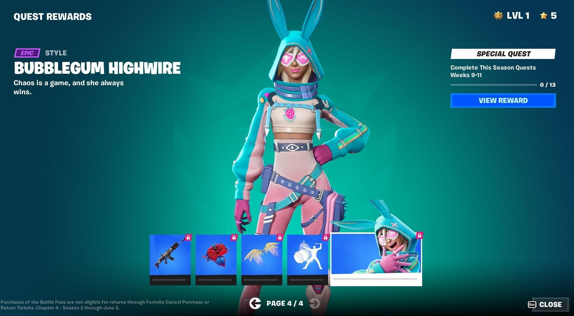 Ví dụ về trang Phần thưởng Bonus trong Fortnite Battle Pass