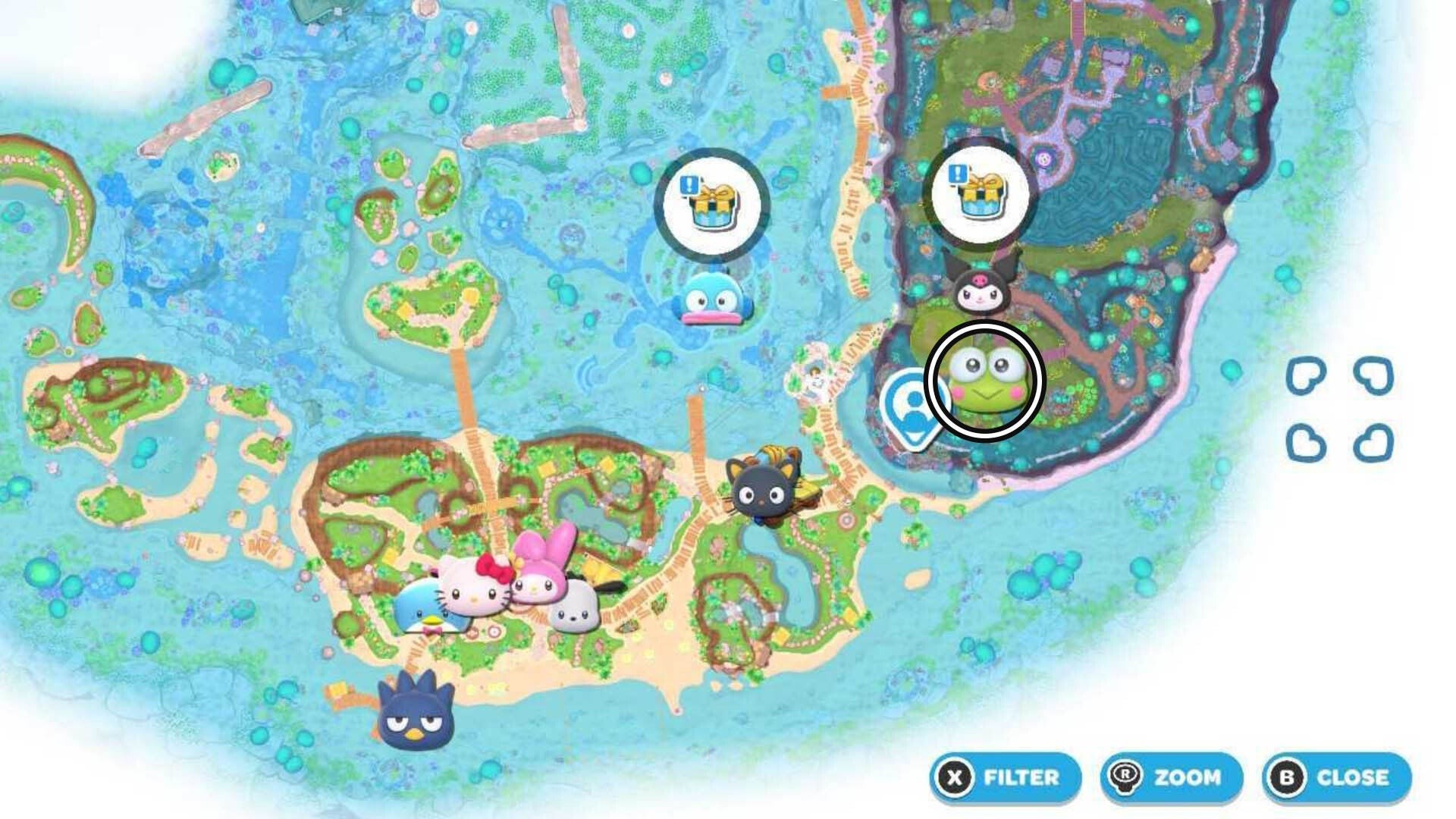 vị trí bản đồ của keroppi trong nhiệm vụ tìm chân vịt hello kitty island adventure