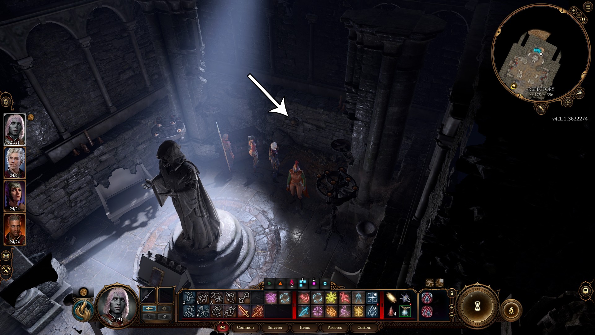 Vị trí cần gạt bí mật sau bức tượng trong Refectory để mở đường vào Dank Crypt trong Baldur's Gate 3