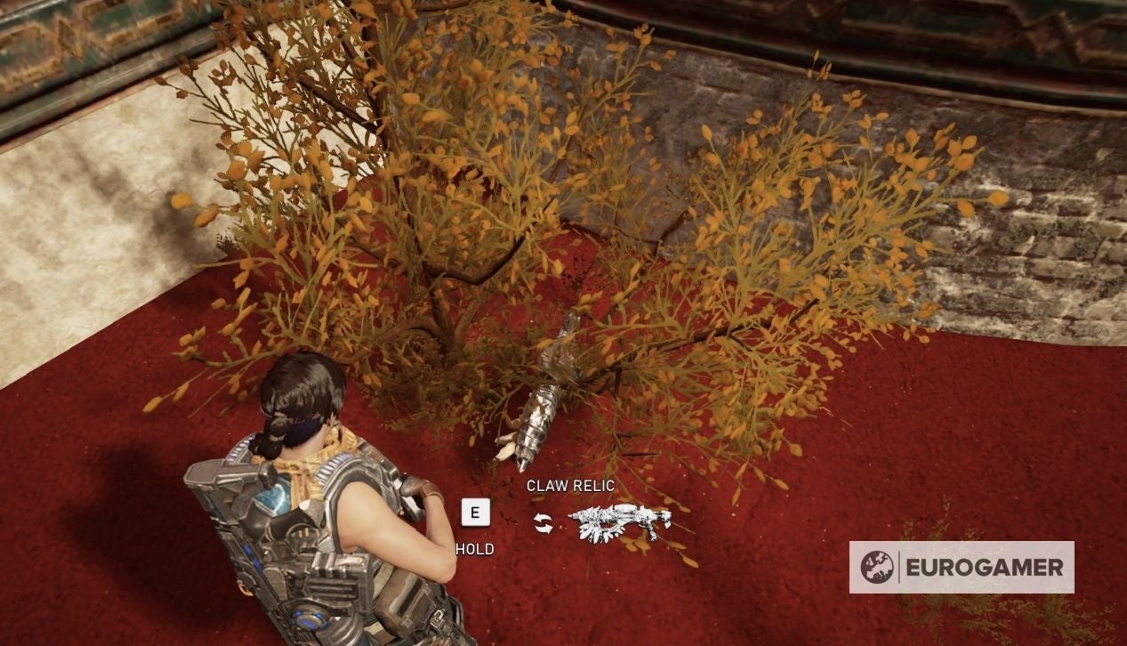 Vị trí Claw Relic trong Gears 5 Act 3 Chapter 3 gần tòa nhà hình tròn có logo Gears
