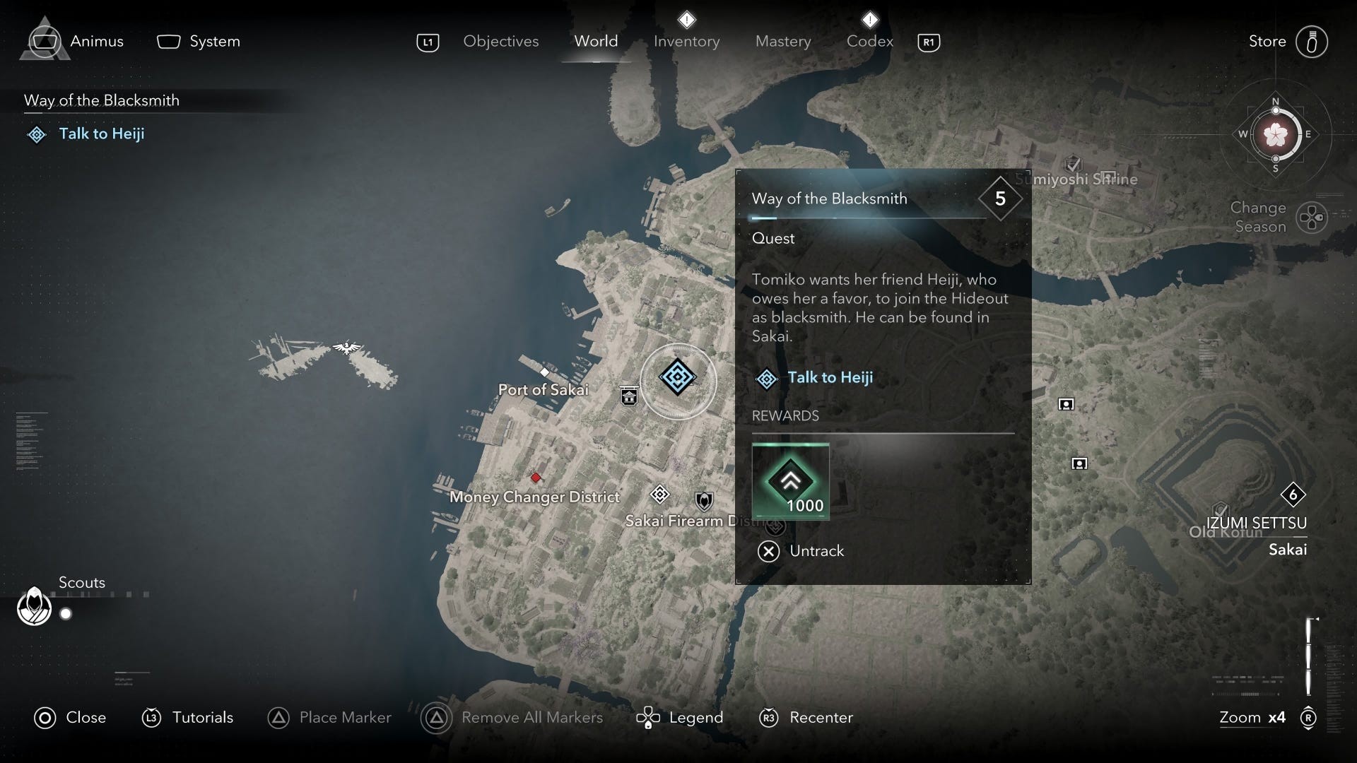 Vị trí của Heiji được đánh dấu trên bản đồ của Assassin's Creed Shadows