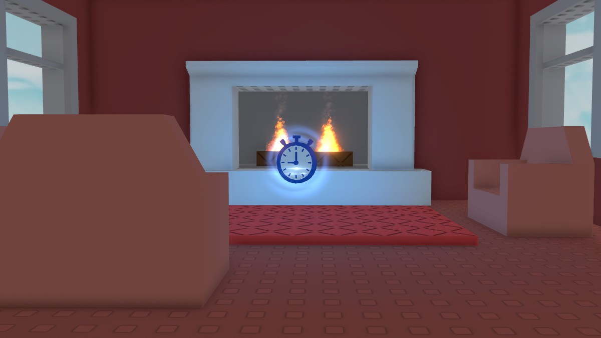 Vị trí đồng hồ 2 tại Manic Mansion Natural Disaster Survival - Trước lò sưởi tầng 1