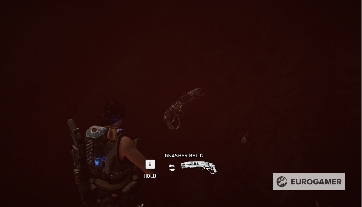 Vị trí Gnasher Relic trong Gears 5 Act 3 Chapter 3 gần vách đá phía tây bắc Tháp Nước
