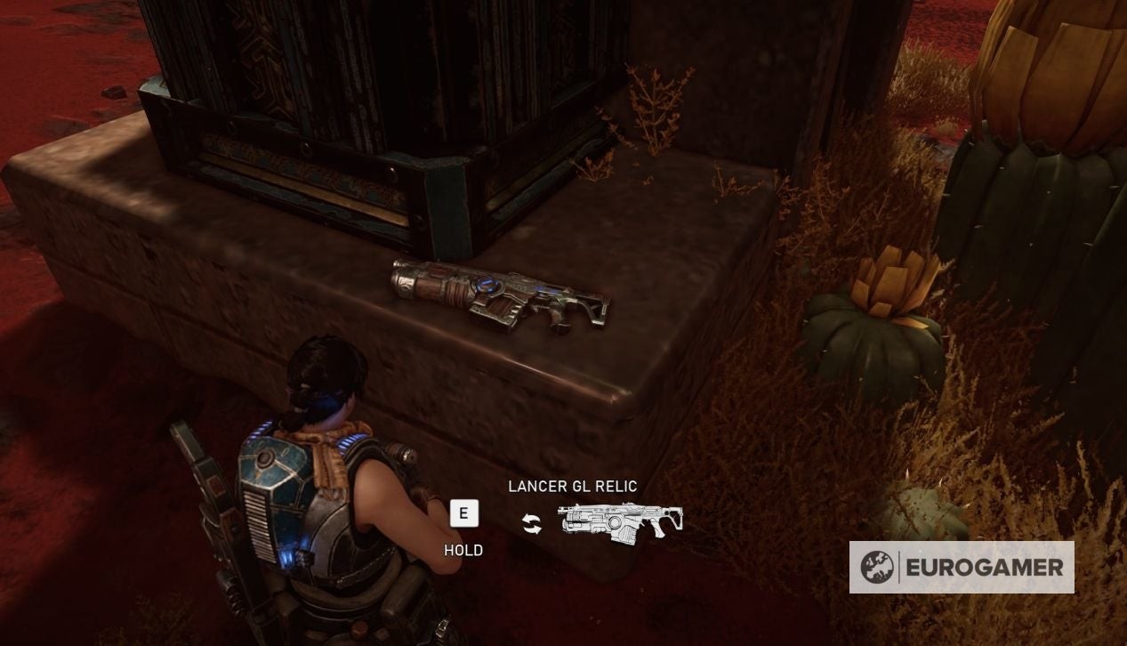 Vị trí Lancer GL Relic trong Gears 5 Act 3 Chapter 3 gần trụ đỡ và cây xương rồng