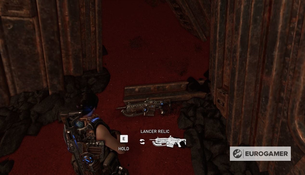 Vị trí Lancer Relic trong Gears 5 Act 3 Chapter 3 phía sau Xác tàu chở hàng