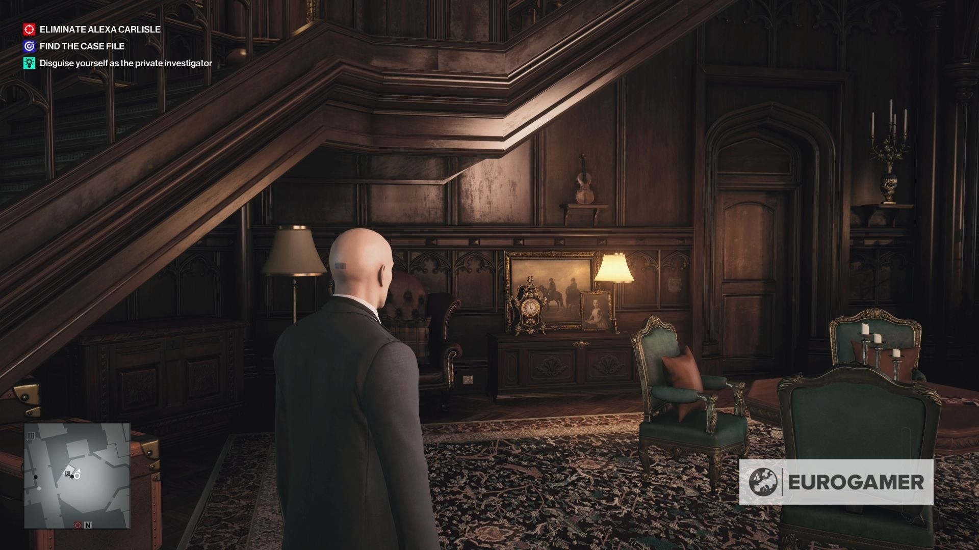 Vị trí manh mối đồng hồ dưới gầm cầu thang văn phòng Alexa Carlisle Hitman 3