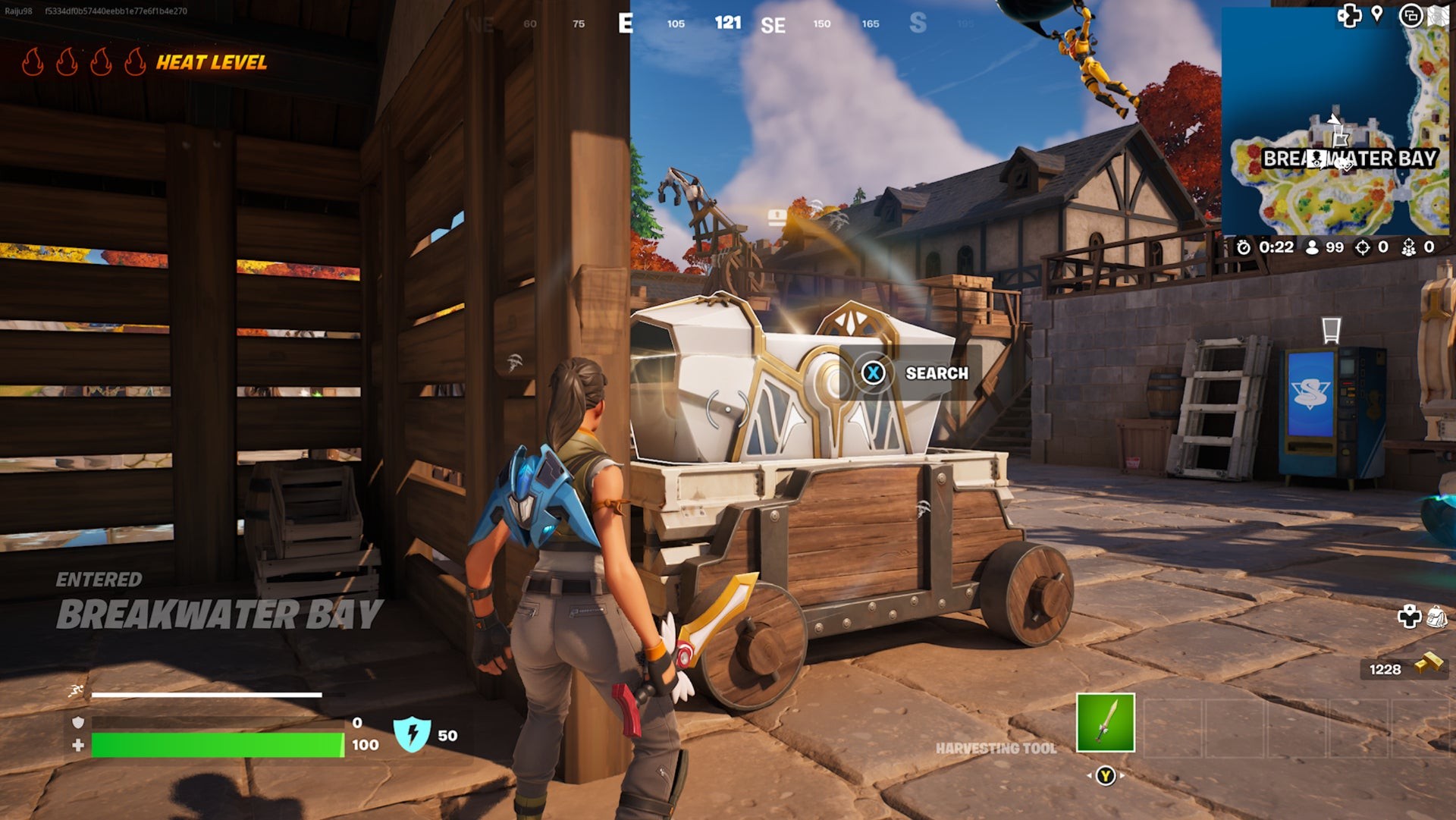 Vị trí rương Oathbound Fortnite thứ ba tại Breakwater Bay trên thùng ở cầu tàu