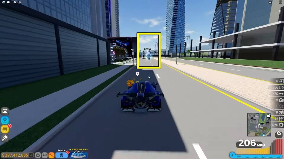 Vị trí Shine thứ hai được đánh dấu màu vàng tại trung tâm thành phố Driving Empire