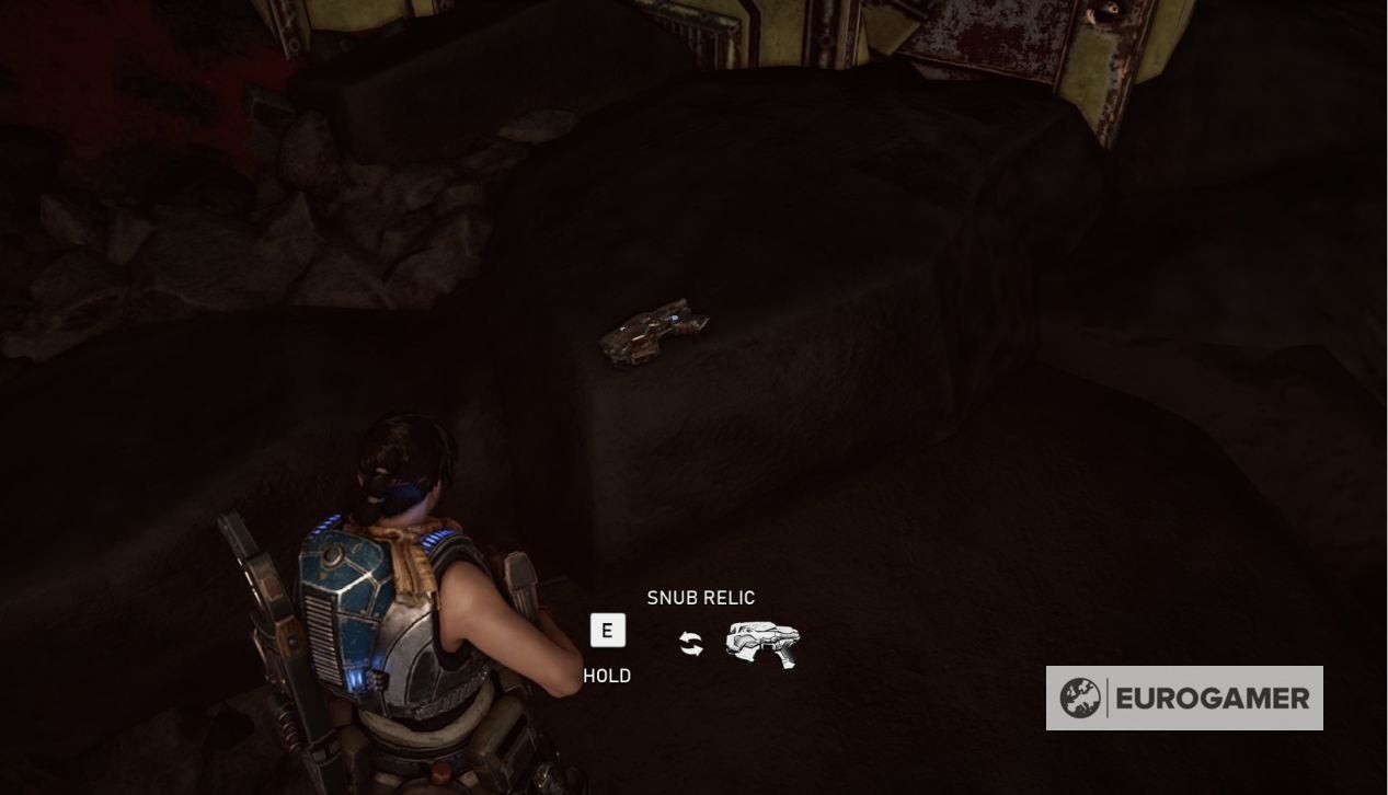 Vị trí Snub Relic trong Gears 5 Act 3 Chapter 3 gần logo Gears màu đỏ phía đông nam Nhà chứa Tên lửa