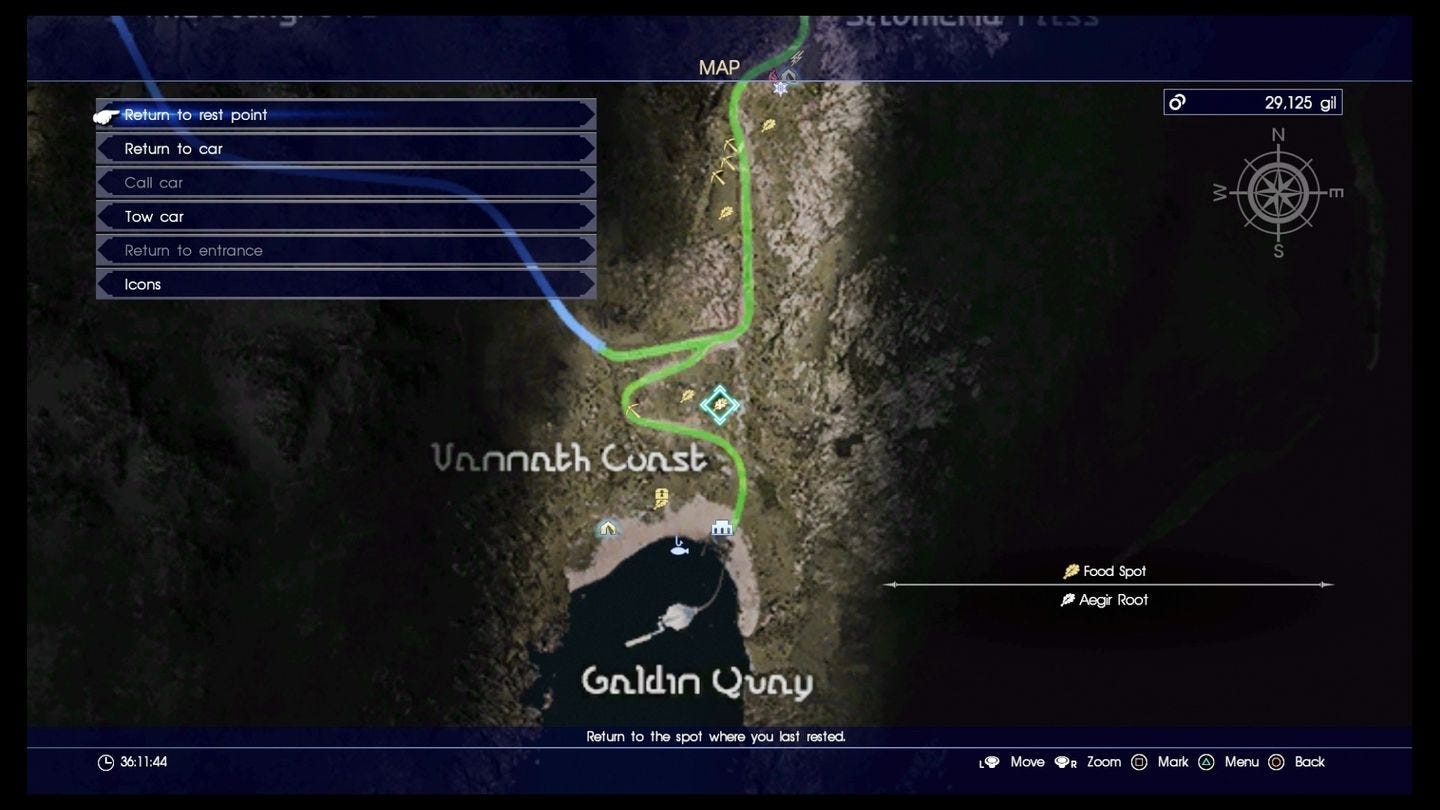 Vị trí tìm nguyên liệu Aegir Root gần Galdin Quay trong FF15 để chế biến món ăn tăng EXP