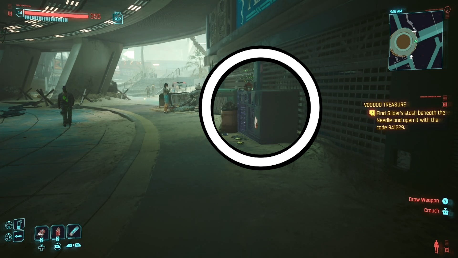 Vị trí tủ đồ chứa kho báu Voodoo Treasure trong Cyberpunk 2077 Phantom Liberty, nằm dưới chân Needle ở Dogtown