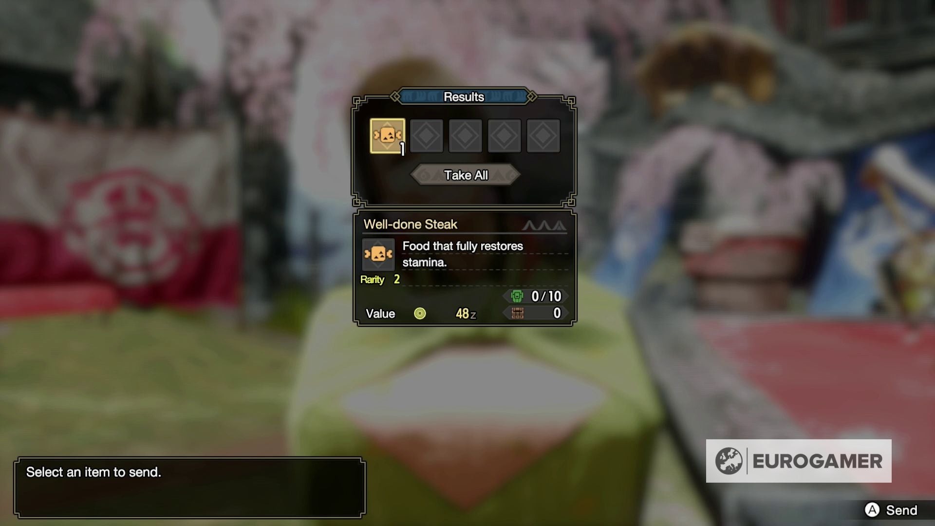 Xác nhận chế biến Red Meat thành Well-done Steak trong Monster Hunter Rise tại Canteen