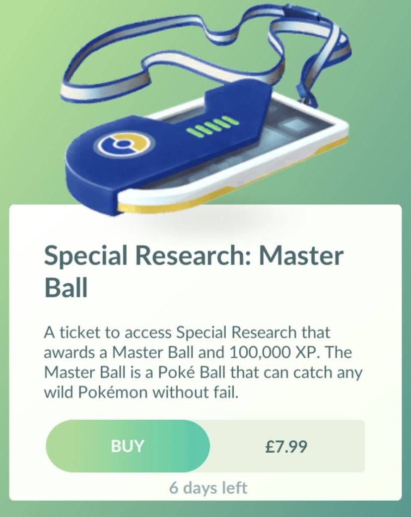 Xác nhận mua Nhiệm vụ Đặc biệt Master Ball trong Pokémon Go