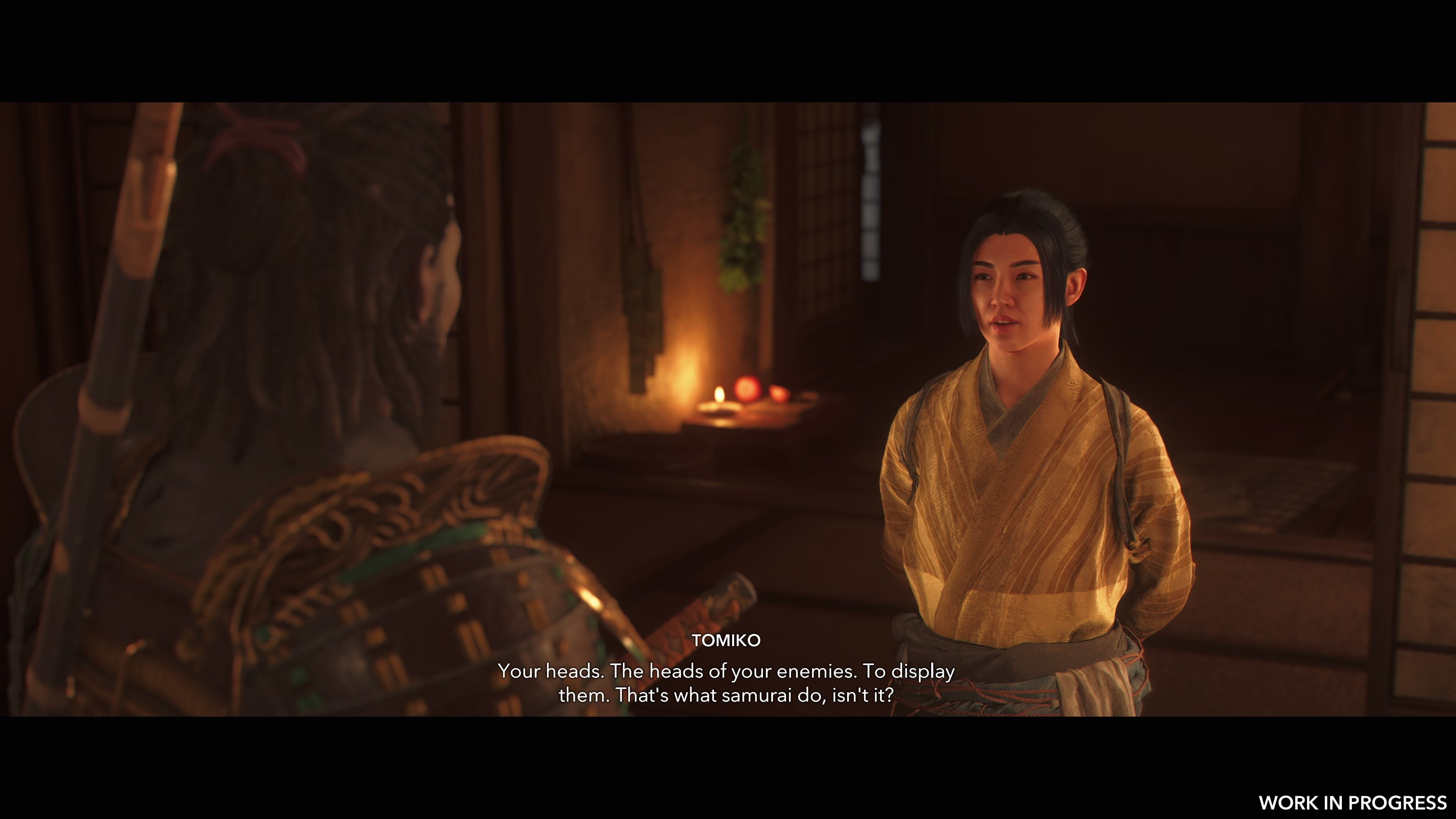 Yasuke nói chuyện với Tomiko về những cái đầu xiên trong Assassin's Creed Shadows