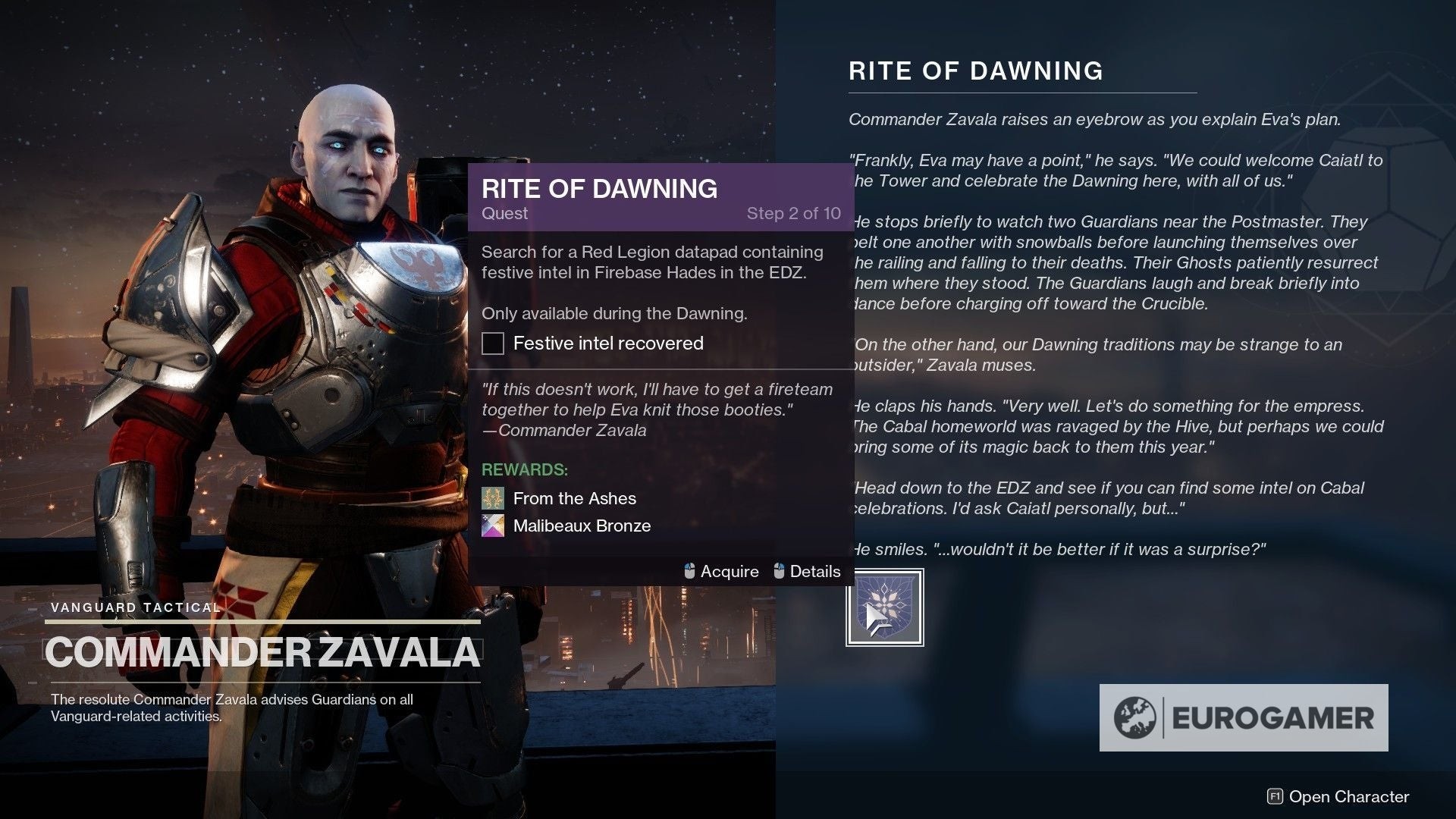 Zavala tại Tower giao nhiệm vụ Rite of Dawning